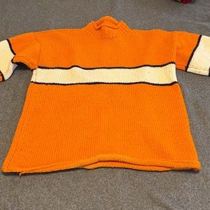 NEMO STRIPPED WOOL SWEATER, HAND WOVEN, L, SEATTLE MARKET, ORANGE/BLUE/WHITE